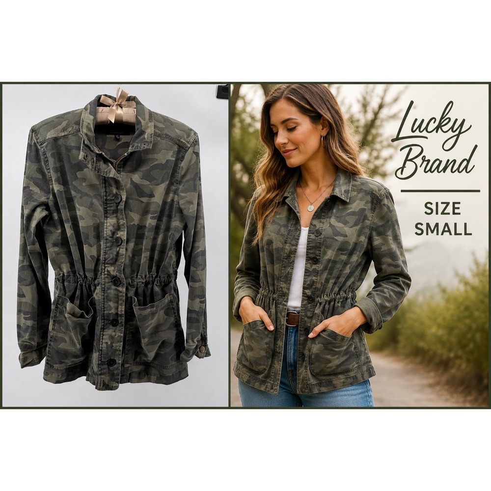 Lucky Brand Camo Utility Jacket MIlitary Safari Field Jacket Green Small Grunge
